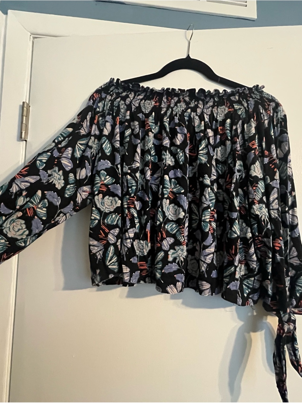 Free People Black Off-Shoulder Floral Peasant Top